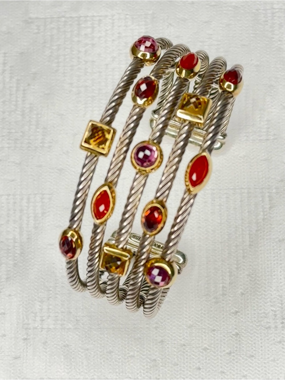 David Yurman 925 750 18K Gold Multi Gemstone Cable Cuff Bracelet 5 Row